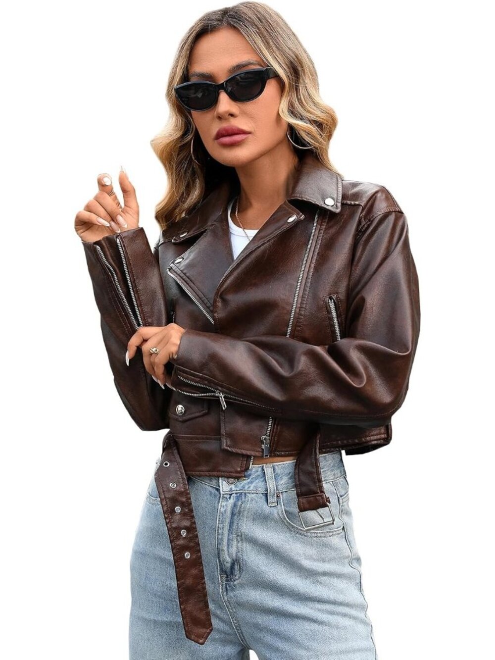 Women's Coffee Faux Leather Cropped Distressed Zipper Belted Moto Biker Jacket